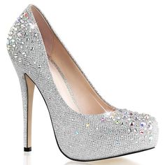 5" Heel (12.7cm), 1" (2.5cm) Platform with Multi Size Rhinestones Embellished on Vamp Glitter.  Silver Glitter, Size US Women's 5. Silver Glitter Heels, Alternative Shoes, Rhinestone Pumps, Festival Shoes, Heels Silver, Closed Toe Heels, Punk Boots, Pleaser Shoes, Silver Pumps