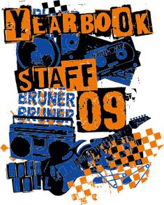 an image of a poster with the words yearbook staff 09 on it and various musical instruments