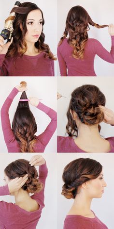 Low Bun for Medium / Long Hair -- this is nice that they curl the hair first to give it volume and shape! <3 Updo Hairstyles Tutorials, Casual Hair, Wedding Hairstyles For Medium Hair, Diy Wedding Hair, Medium Long Hair, Hair Tutorials For Medium Hair, Medium Hair