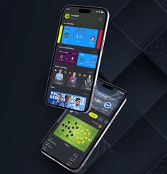 two cell phones are next to each other on a black background with squares and dots