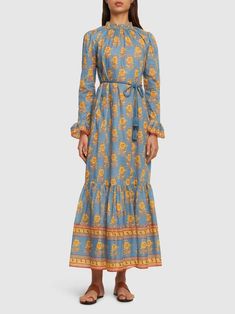 Junie ruffled cotton midi dress - Zimmermann - Women | Luisaviaroma All Over Pattern, Cotton Midi Dress, Blue Midi Dress, Shearling Jacket, Dress Clothes For Women, Swimwear Tops, Blue Yellow, Party Outfit, Scarf Accessory