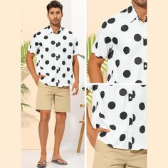 This lightweight fabric, Regular fit, Polka dots printed, Short Sleeves, and Casual style shirt exudes a cheerful and tropical vibe with its vibrant colors and retro design. The summer polka dot shirt features unique patterns in a color block design, making it a stylish choice for any occasion. The casual polka-printed slim-fit button-down shirts for men pair effortlessly with solid t-shirts, chino pants, jeans, and shorts, offering versatile and chic options to complete your look. Polka Dot Summer Tops For Beach, Polka Dot Tops For Beach In Summer, Polka Dot Tops For Summer Beach Days, Polka Dot Short Sleeve Summer Shirt, Casual Polka Dot Button-up Shirt, Polka Dot Button-up Summer Shirt, Summer Polka Dot Collared Shirt, Summer Collared Polka Dot Shirt, Casual Polka Dot Shirt For Summer