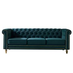 a green velvet couch with gold trimmings and buttons on the arm, against a white background