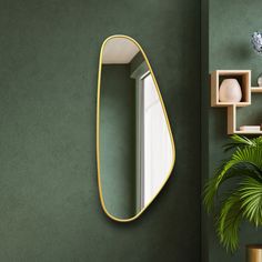 a mirror on the wall next to a potted plant