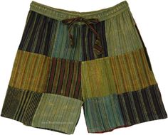 These bohemian striped patchwork shorts are the perfect way to add a touch of flair to your summer wardrobe. Made from 100% cotton, they are soft, comfortable, and breathable. #tlb #Patchwork #vacationclothing #bohemianfashion #Handmade #BohoShorts #HippieShorts Summer Green Shorts With Patchwork, Bohemian Green Short Bottoms, Bohemian Patchwork Shorts, Green Bohemian Cotton Shorts, Green Cotton Festival Shorts, Bohemian Relaxed Fit Shorts, Bohemian Style Relaxed Fit Shorts, Bohemian Cotton Shorts With Relaxed Fit, Bohemian Cotton Shorts