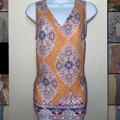 Brand New, Size Small! Orange And Blue V Neck Blouse. Patterned Sleeveless Top For Spring, Sleeveless Patterned Top For Spring, Summer Orange Tank Top, Sleeveless Patterned Blouse For Spring, Summer Patterned Sleeveless Top, Orange Sleeveless Tank Top For Spring, Summer Sleeveless Patterned Top, Patterned Sleeveless Summer Top, Orange Printed Sleeveless Top