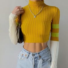 Urban Outfitters - Mustard Yellow Color Block Green Stripe Long Sleeve Turtleneck Knit Top Excellent Condition Next Day Shipping Mega Cute Pullover Light Weight Knit Top From Urban Outfitters! Built From A Stretchy Ribbed Knit Features Mustard Yellow Colorway With Lime Green And Cream Color Block Stripe Long Sleeves, And Turtleneck Design! Nwot & Discontinued Online! Size: Xs, Best Fits Xs/S! Refer To Measurements To Ensure Desired Fit! Pit To Pit: 9.5” Length: 20.5” Model Is Size Xs, 5’3, 32b, Yellow Stretch Long Sleeve Top, Trendy Yellow Color Block Tops, Yellow Ribbed Long Sleeve Top, Trendy Yellow Long Sleeve Tops, Trendy Yellow Long Sleeve Crop Top, Trendy Fitted Color Block Crop Top, Casual Yellow Ribbed Top, Yellow Cropped Tops For Fall, Cropped Yellow Tops For Fall