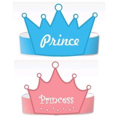 two crowns with the word princess on them, one blue and one pink are sitting next to each other