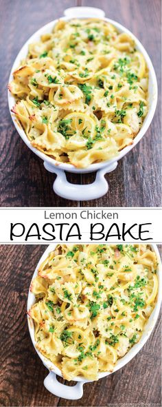 two pictures of pasta bake with broccoli on top and the same side