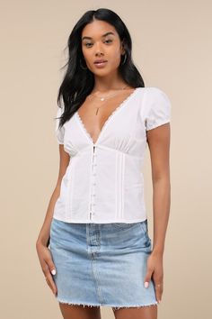 Show off your sweet side in the Motel Ilias White Cotton Poplin Lace Short Sleeve Button-Up Top! Crisp, lightweight woven cotton poplin shapes this perfectly adorable top that has cap-style sleeves (with elastic at the cuffs) and a lace-trimmed V-neckline. Seamed, gathered cups create a bustier-inspired silhouette, while pintuck details lend a vintage-inspired flair. Functional loop-button placket secures at the front to complete the look. Fit: This garment fits true to size. Length: Size medium Church Fits, Top With Lace Trim, Cap Style, Lace Short, Tops Fall, Short Sleeve Button Up, Woven Cotton, Button Placket, Cotton Poplin