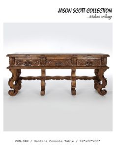 an old wooden table with carvings on the top and bottom, sitting in front of a white background