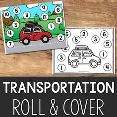 the transportation roll and cover game is shown on a wooden table with an image of a car