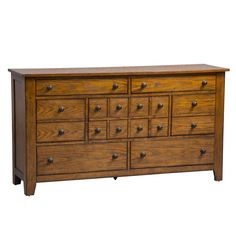 a wooden dresser with many drawers and knobs