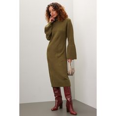 Green knit (100% Acrylic). A-line. Long sleeves. Turtleneck. Pull on. 45" from shoulder to hemline. Imported. Fall Stretch Sweater Dress Midi Length, Chic A-line Knit Dress, Fall A-line Ribbed Dress, Fall Ribbed A-line Dress, Ribbed A-line Midi Dress For Fall, Ribbed Workwear Dresses For Fall, Chic Bell Sleeve Midi Dress For Fall, Chic A-line Ribbed Midi Dress, Fall Ribbed Workwear Dresses