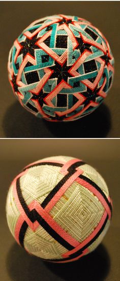 two pictures of an object with different colors and patterns on it, one has a ball in the shape of a cross