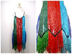 "This is a gorgeous vintage couture party dress! It's completely embellished by hand and is in excellent condition! Measurements: Bust - 36\" Waist - 32\" Hips - 38\" Length - 33\" and 39\" to the bottom of the fringed beads Size - Medium This dress comes from a pet-free and smoke-free home. If you would like more info or have any questions, please don't hesitate to ask!" Gold Beaded Dress, Heavy Fringe, Embellished Cocktail Dress, Beaded Party Dress, Sequined Dress, Vintage Couture, Beaded Gown, Glam Dresses, Embellished Dress