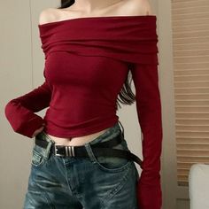 Free Size:Bust: 68-98cm/ 26.8-38.6 in, Length: 38cm/ 15.0 inMaterial: Polyester Tops Off Shoulder, Red T Shirt, Long Sleeve Crop, Long Sleeve Crop Top, Autumn Winter, Off Shoulder, Long Sleeve, Red