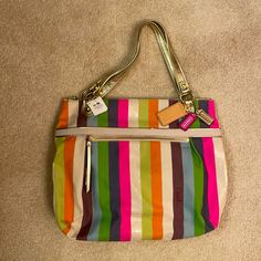 Coach, Multistripe Tote Bag, Zip Closure, New, Never Used, Tags On Multicolor Tote Bag With Striped Lining, Multicolor Coach Bag With Zipper Closure, Striped Tote Shoulder Bag With Striped Lining, Marc Jacobs Crossbody Bag, Coach Tote Bags, Laptop Shoulder Bag, Coach Tote, Brown Leather Totes, Bags Coach