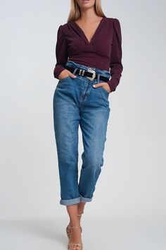 Q2 Jeans Paper Bag Waist Mom Jean in Dark Wash Blue Dark Wash Mom Jeans, Button Jeans, Blue Mom Jeans, Types Of Jeans, High Waisted Mom Jeans, Jeans Mom, Mom Jean, High Rise Mom Jeans, Boyfriend Fit