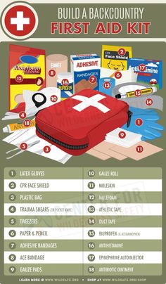 the first aid kit is shown with instructions on how to use it and what to put in