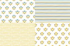 four different patterns in yellow, blue and white with small flowers on the bottom right side