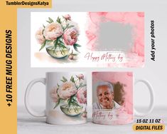 two coffee mugs with flowers on them and the words happy mothers day written below