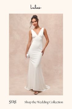 a woman in a white dress with the words shop the wedding collection