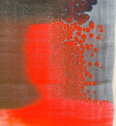 an abstract painting with red and grey colors on it's surface, including dots