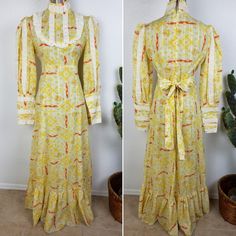 Vintage Handcrafted 70s Maxi Dress Prairie Cottagecore Bohemian Victorian Lace Balloon Puff Sleeves No Size Tag, Fits Like Size 6 (See The Fit On Size 6 Mannequin + Measurements In Photos) Lace Detail On Front And Sleeves Ruffled Hem Stand-Up Collar Snap Buttons Closure On Cuffs Back Zipper Closure Wide Waist Tie Lightweight Cotton, Not Lined Excellent Condition, Looks Like It's Never Been Worn! **New To Poshmark? Use Code Marblespikes When You Sign Up To Poshmark To Get $10 Off Your First Purch Bohemian Victorian, Lace Balloons, Cottagecore Bohemian, 70s Maxi Dress, Victorian Lace, Wide Waist, Vintage Maxi Dress, Vintage Yellow, Ruffle Hem