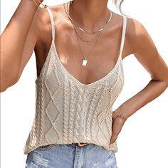 Knit Top Cream White Sweater Style Top Sleeveless Spaghetti Straps Cable Knit Cami Top Sweater Style, Knit Tank Top, White Sweater, Knit Tank, Top Sleeveless, Knitted Tank Top, Cami Top, Knit Tanks, White Sweaters