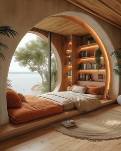 a bedroom with an arched window, bed and bookshelf on the wall next to it