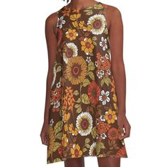 Loose-fit, mid-length sleeveless dress with silky handfeel. Printed on both sides. Machine washable. Size range XS-2XL. 70s vintage boho flowers, orange, browns, hippie, flower power Flowers Orange, Diy Jacket, Hippie Flowers, Boho Flowers, Hair Clothes, 70s Vintage, Woven Dress, Dress For Sale, Vintage Boho