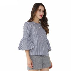 Flare sleeve beautiful striped pearl beaded women top. S (US 2-4), M (US 6-8), L (US 8-10), XL (US 12-14) Collar: O-NeckSleeve Style: Flare SleeveSleeve Length (cm): Three QuarterStyle: CasualPattern Type: StripedMaterial: Cotton, PolyesterDecoration: BeadingClothing Length: Regular Pictures from Real Customers given to us! Elegant Vertical Stripes Blouse, Spring Cotton Blouse With Striped Sleeves, White Summer Blouse With Vertical Stripes, White Blouse With Vertical Stripes For Summer, Long Sleeve Blouse With Vertical Stripes For Summer, Summer Long Sleeve Blouse With Vertical Stripes, Elegant Vertical Stripes Top For Spring, Elegant Tops With Vertical Stripes For Spring, White Vertical Stripes Blouse For Spring