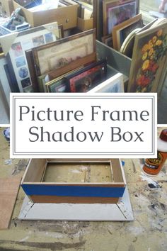 there is a box with pictures in it and the words picture frame shadow box above it