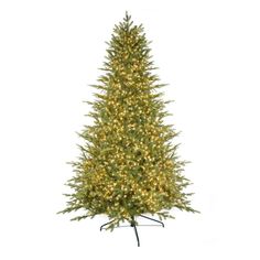 a christmas tree with white lights and green needles on it's base, against a white background