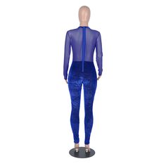 Velvet Patchwork Mesh Night Party Club Bodycon Jumpsuit High Stretch Blue Bodysuit For Party, Blue Long Sleeve Bodysuit For Club, Sheer Jumpsuits And Rompers For Night Out, Blue Fitted Bodysuit For Party, Fitted Blue Bodysuit For Party, Blue Fitted Party Bodysuit, Fitted Blue Party Bodysuit, High Stretch Blue Bodysuit For Night Out, High Stretch Blue Unitard For Party