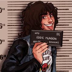 a drawing of a man holding a sign that says eddie munson, big - lil lub