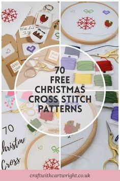 a collage of cross stitch patterns with text overlay that reads 70 free christmas cross stitch patterns