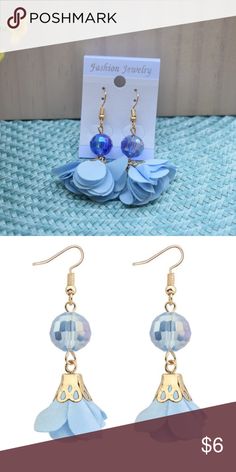 Light Blue Flower & Beads Earrings Sweet light blue flowers dangle from a blue bead Cuprum + glass + fabric 2" long Jewelry Earrings Spring Party Blue Jewelry, Light Blue Beaded Dangle Earrings For Party, Blue Flower Beaded Earrings For Summer, Summer Blue Flower Beaded Earrings, Light Blue Flowers, Beads Earrings, Flower Beads, Blue Flower, Blue Beads