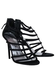 Current Boutique-Stuart Weitzman - Black Braided Strappy Sandal Heels Sz 8 Evening Strappy Heels With Reinforced Heel, Strappy Heels With Reinforced Heel For Evening, Strappy Sandals With Padded Heel For Cocktail, French Girl Chic, Chic Heels, Chic Shop, Sandal Heels, Buy Shoes Online, Strappy Sandals Heels