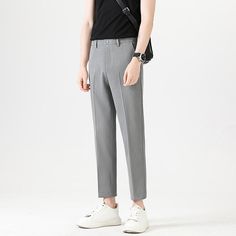 Product information: Color: black trousers, dark gray trousers, light gray trousers, khaki trousers, black cropped, dark gray ninth, light gray cropped, cropped pants in khaki color Elasticity: Micro-elastic Size: 28,29,30,31,32,33,34,36,38 Fabric name: colorful string Applicable scenarios: Leisure Applicable people: Teenagers Main fabric composition: Polyester Fiber (polyester) Applicable Gender: Male Applicable age group: Adult Pants type: Straight type Size: Note: 1. Asian sizes are 1 to 2 sizes smaller than European and American people. Choose the larger size if your size between two sizes. Please allow 2-3cm differences due to manual measurement. 2. Please check the size chart carefully before you buy the item, if you don't know how to choose size, please contact our customer service. Gray Slim Fit Ankle-length Pants, Gray Slim Fit Ankle-length Bottoms, Slim Fit Gray Tapered Leg Bottoms, Gray Slim Fit Tapered Leg Bottoms, Gray Slim Fit Straight Pants, Slim Fit Ankle-length Dress Pants For Summer, Gray Slim Fit Dress Pants With Tapered Leg, Gray Slim Fit Tapered Leg Dress Pants, Business Casual Straight Work Pants For Summer