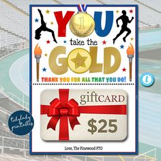 a gift card with the words you take the gold and a medal