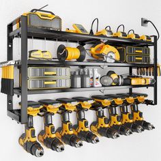 there are many tools on the shelf and in front of it is a tool rack