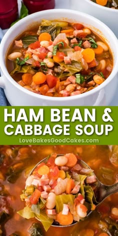 ham bean and cabbage soup in a white bowl with a spoon