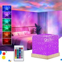 an image of a bedroom with colorful lights on the ceiling