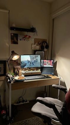 a laptop computer sitting on top of a wooden desk next to a lamp and chair