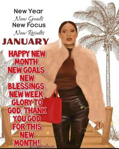 a woman with a red purse is standing in front of a palm tree and the words happy new year