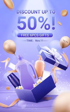 an advertisement for a gift shop with balloons and gifts in the air, on a purple background