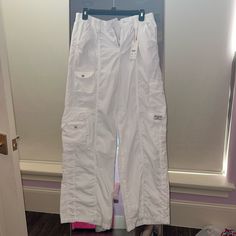 Brand New Size Medium Low Rise Cyber Cargo White Pants White Y2k Pants With Pockets, Y2k White Pants With Pockets, White Cotton Y2k Style Pants, White High Waist Y2k Pants, Y2k Style White Straight Leg Pants, Y2k High Waist White Pants, White High-waist Y2k Pants, Y2k Style High Waist White Pants, 90s Straight Leg Parachute Pants For Spring