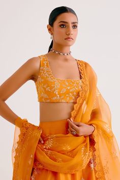 Orange silk chanderi attached cancan lehenga featuring floral hand-painting and zari embroidery. Paired with a matching zari embroidered blouse and a sheer silk organza laced dupatta. - Aza Fashions Silk Sharara For Reception During Navratri, Festive Anarkali Set With Unstitched Blouse In Organza, Festive Organza Anarkali Set With Unstitched Blouse, Bollywood Organza Saree Palazzo Set, Designer Tissue Silk Palazzo Set With Cutdana, Designer Organza Palazzo Set For Navratri, Festive Organza Palazzo Set With Cutdana Details, Festive Organza Palazzo Set With Cutdana, Festival Organza Palazzo Set With Cutdana